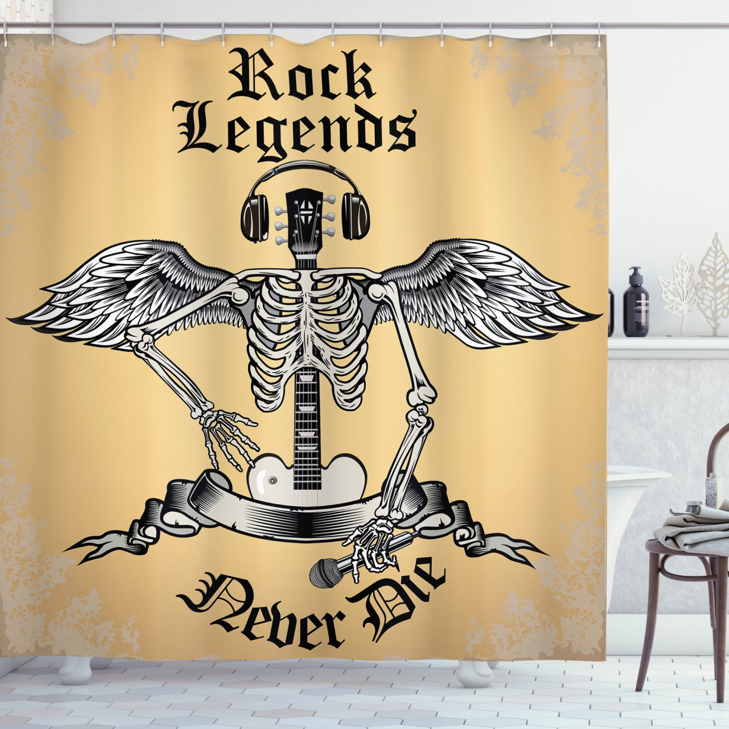Rock and Roll Shower Curtain, Rock Legends Never Die Winged Skeleton