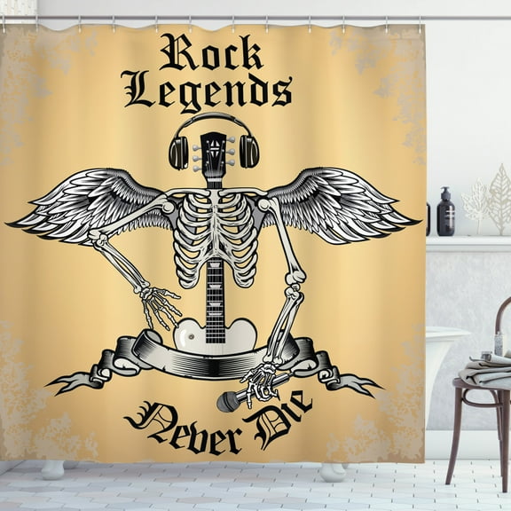 Rock and Roll Shower Curtain, Rock Legends Never Die Winged Skeleton, Fabric Bathroom Set with Hooks, 69"W X 75"L Long, Pale Camel Dark Eggshell Charcoal Grey and White, by Ambesonne