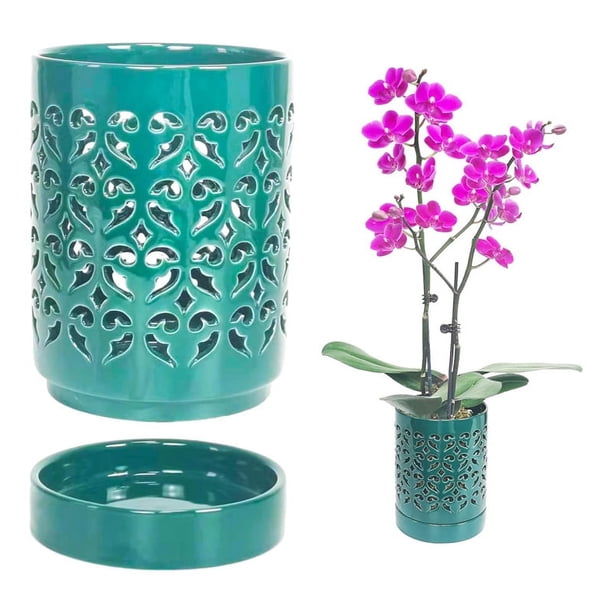 Maceta De Cerámica Para Orquídeas 5 Pulgadas - Con Orificios De Drenaje Y Platillo, Color Blanco