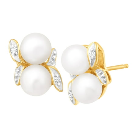 Freshwater Pearl Bud Stud Earrings with Diamonds in 10kt Gold