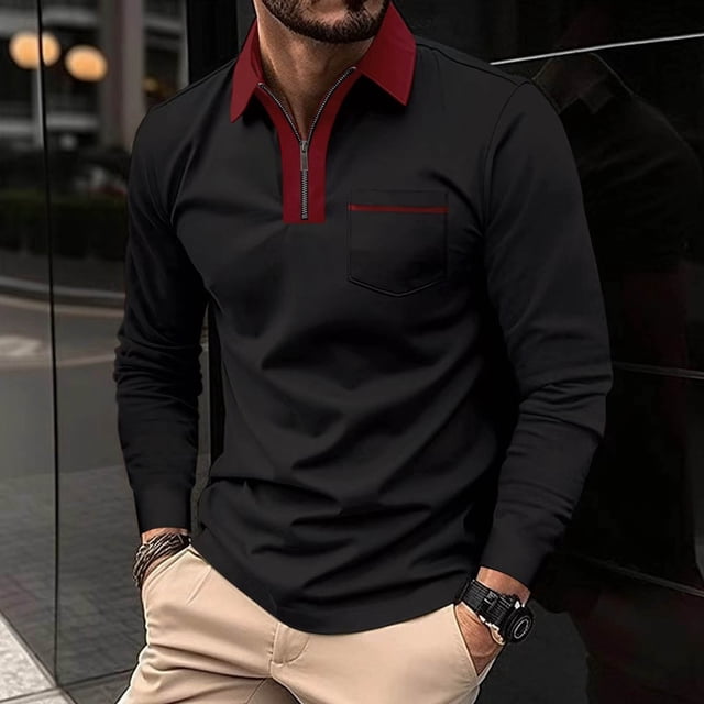 Chemises pour Hommes, Hauts de Chemise de Golf Mode pour Hommes à Couleur Unie avec Poche à Manches Longues et Col Rabattable