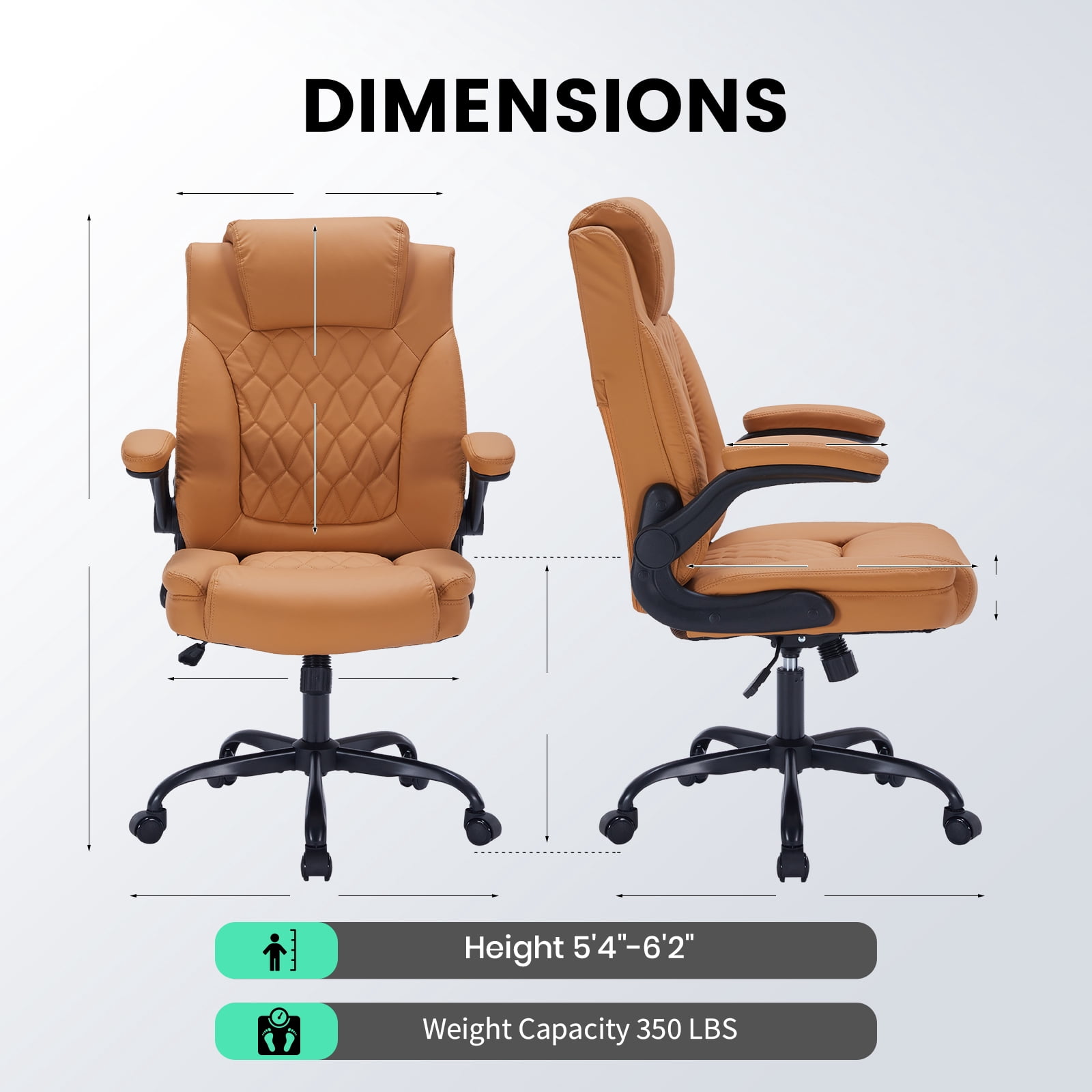 Garvee Big and Tall Executive Leather Office Chair – 350 lbs Capacity Ergonomic Computer Desk Chair – Lumbar Support, Adjustable Turn-Up Arms & Wheels, High Back Managerial Chair – Brown