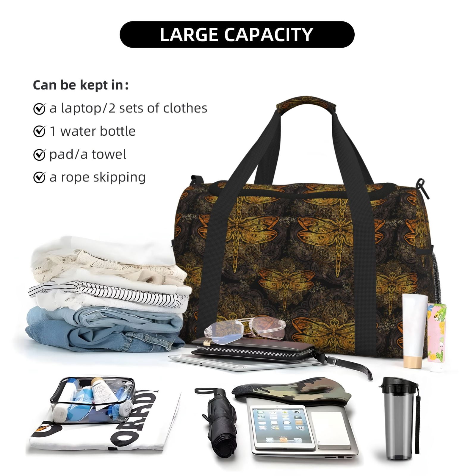 Fuzoiu Gold Dragonfly Mandala Print Travel Duffle Bag,Carry On Tote Bags,Duffel Bag,Sport Gym Bag, Hospital Bag for Labor and Delivery, Overnight Bag,Luggage Bag