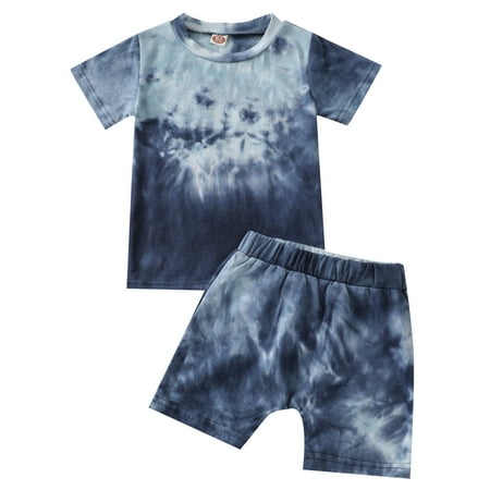 

Canrulo 2PCS Toddler Infant Girl Boy Tied-Dye Short Sleeves Tops Elastic-Waist Shorts Blue 1-2 Years