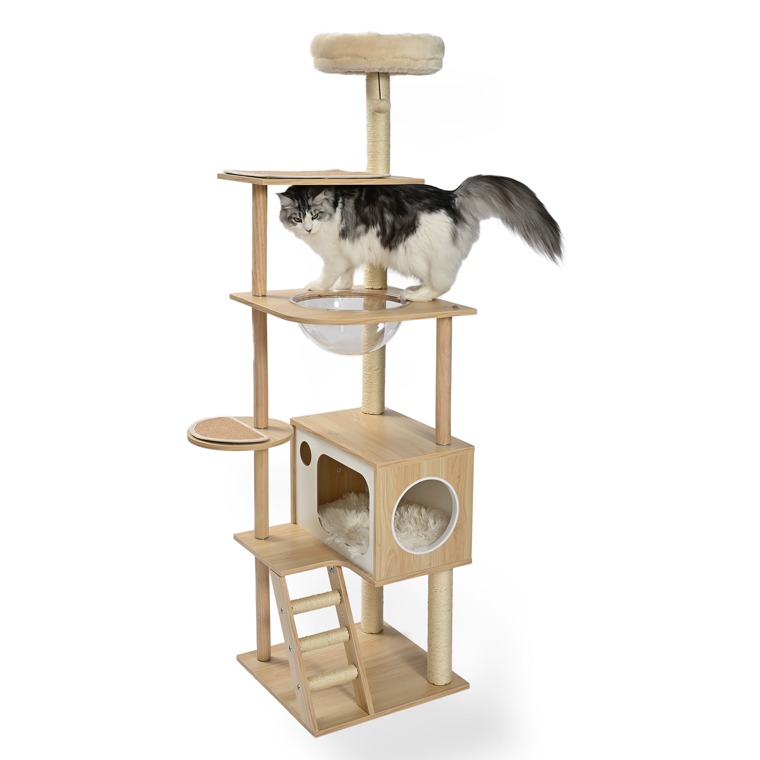 Vibrant Life 7-Level 69" Natural Wood Cat Tree with Condo, Ladder, and Acrylic Hammock, Beige
