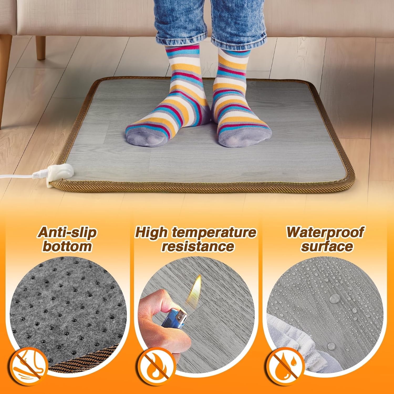 Heated Floor Mat - Foot Warmer Under Desk, 19.7x21.7in Heated Feet Rest for Home Office Desk, Winter 110V Electric Heating Pad with 3 Timers & 10 Adjustable Temperature