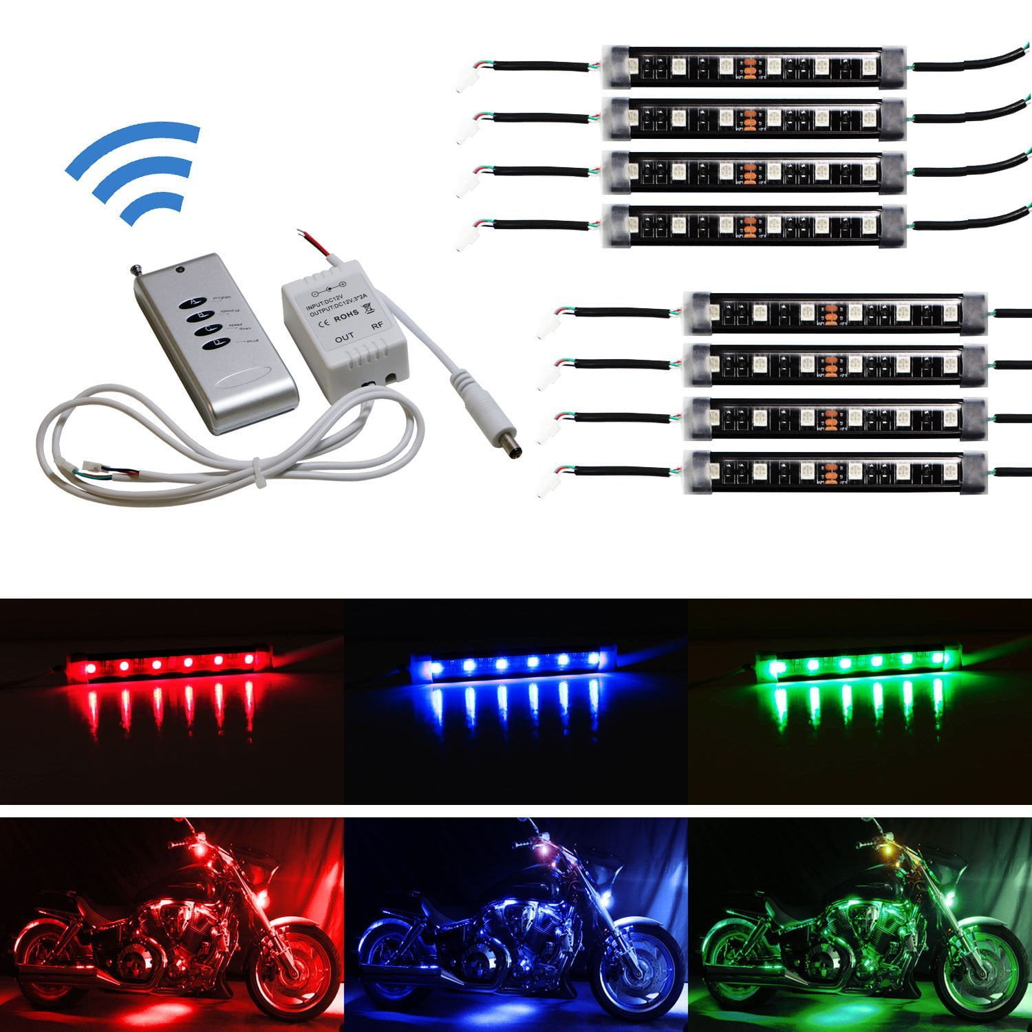 iJDMTOY 8pcs RGB Multi-Color LED Motorcycle Ground Effect Light Kit w/Wireless Remote Control 