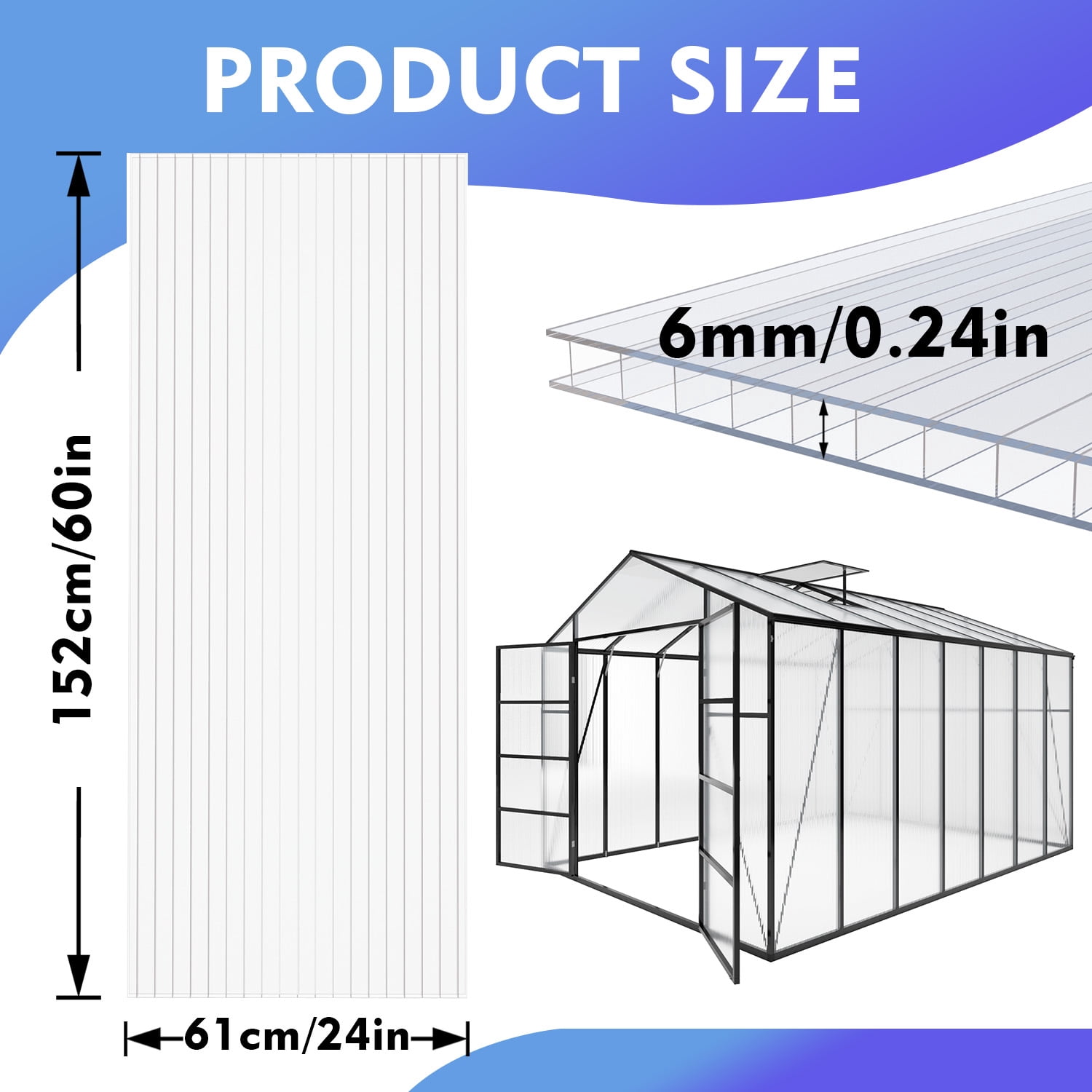 Miniyam 6 Pack 5' x 2' Twin-Wall Polycarbonate Greenhouse Panels, High Light Transmission Insulated Sheets for Glass Roofing Replacement, Balcony Divider