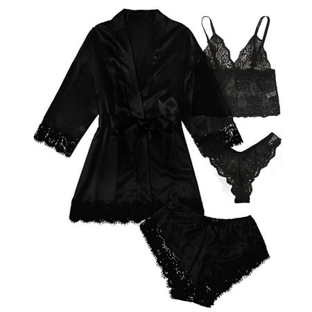 KIHOUT Women s Lace Lingerie 4 Pieces  Women Sexy Satin Belted Robe Camisole Shorts Underwear Pajamas
