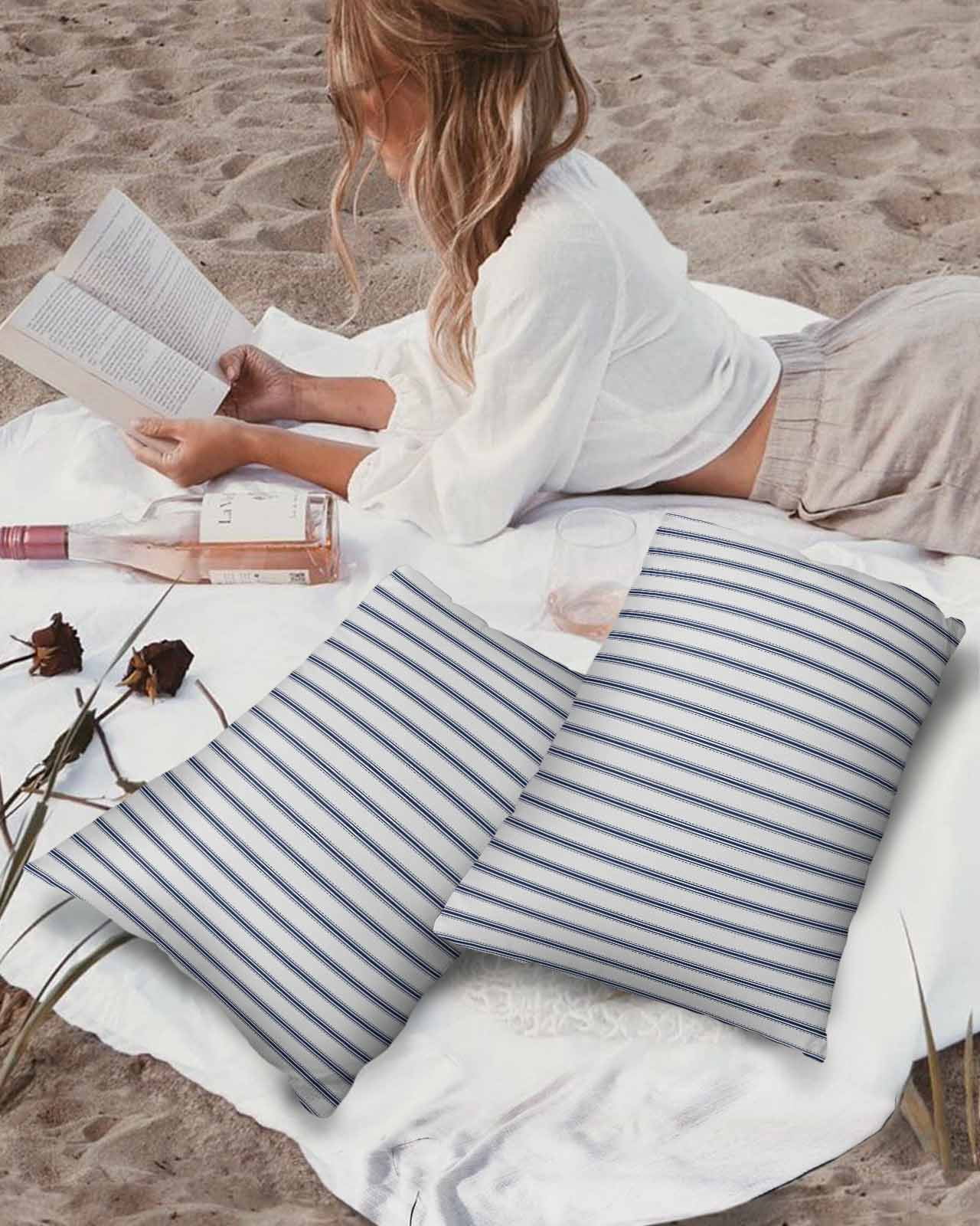 Outdoor Waterproof Throw Pillow Covers Set of 2 Blue Stripe Decorative Pillowcases Lumbar Outdoor Pillows Cushion Case 20x12 Inch Vertical Striped Patio Pillows for Couch Sofa Bed Garden