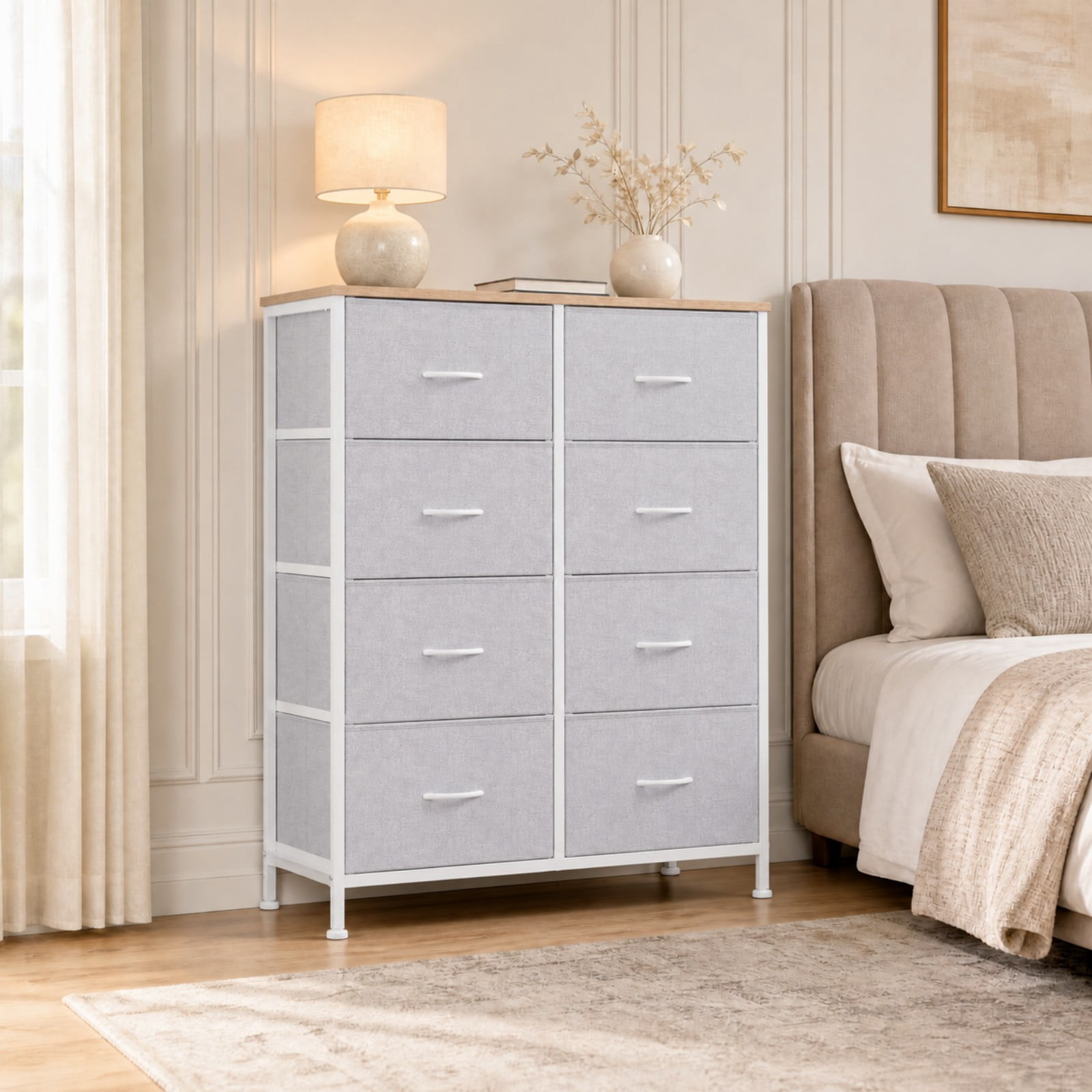 Telyra 8-Drawer Fabric Dresser Tall Storage Tower with Wood Top and Steel Frame Bedroom Closet Organizer, Light Gray