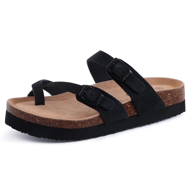 Comwarm Pantoufles Classiques en Liège pour Femmes Nouvelles Sandales Plates en Daim Mode Été Couple Plage avec Boucle Réglable tzw