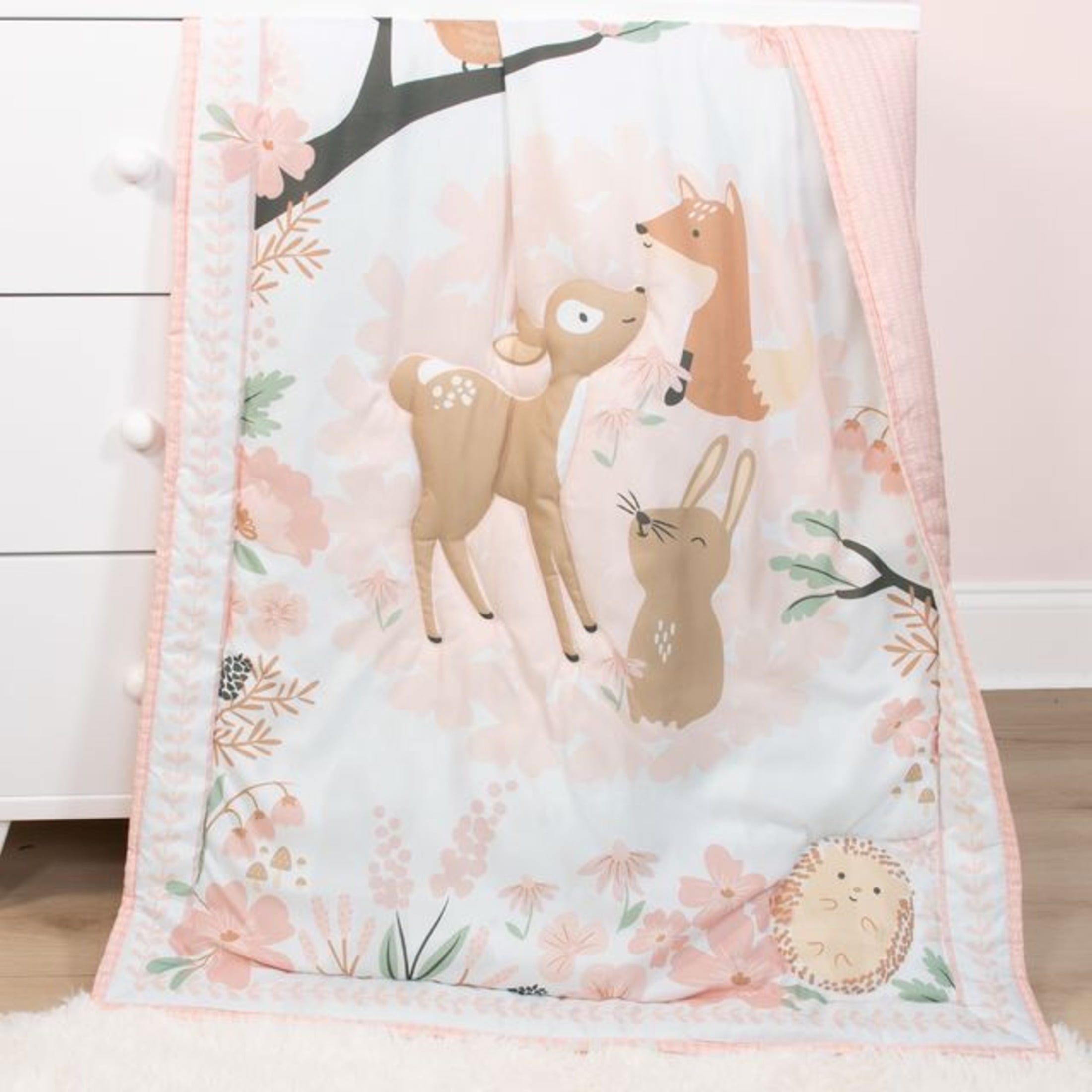 The Peanutshell Pink and White Fairytale Forest Crib Bedding Set for Baby Girls, 3 Piece Nursery Set