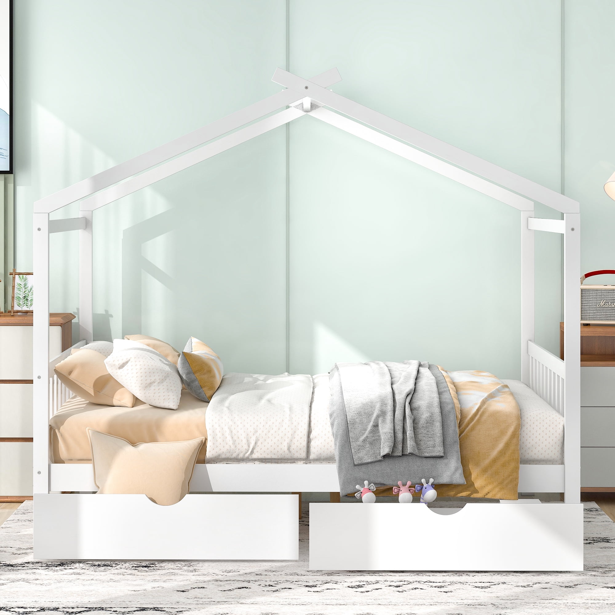 Bellemave Full Size House Bed with Roof,Full Low Platform Bed Frame with 2 Drawers,Solid Wood Storage Bed,Can be Decorated(White,Full)