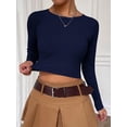 thumbnail image 3 of Women's Fitted Ribbed Crewneck Long Sleeve Crop Tops Tee Shirts, 3 of 4