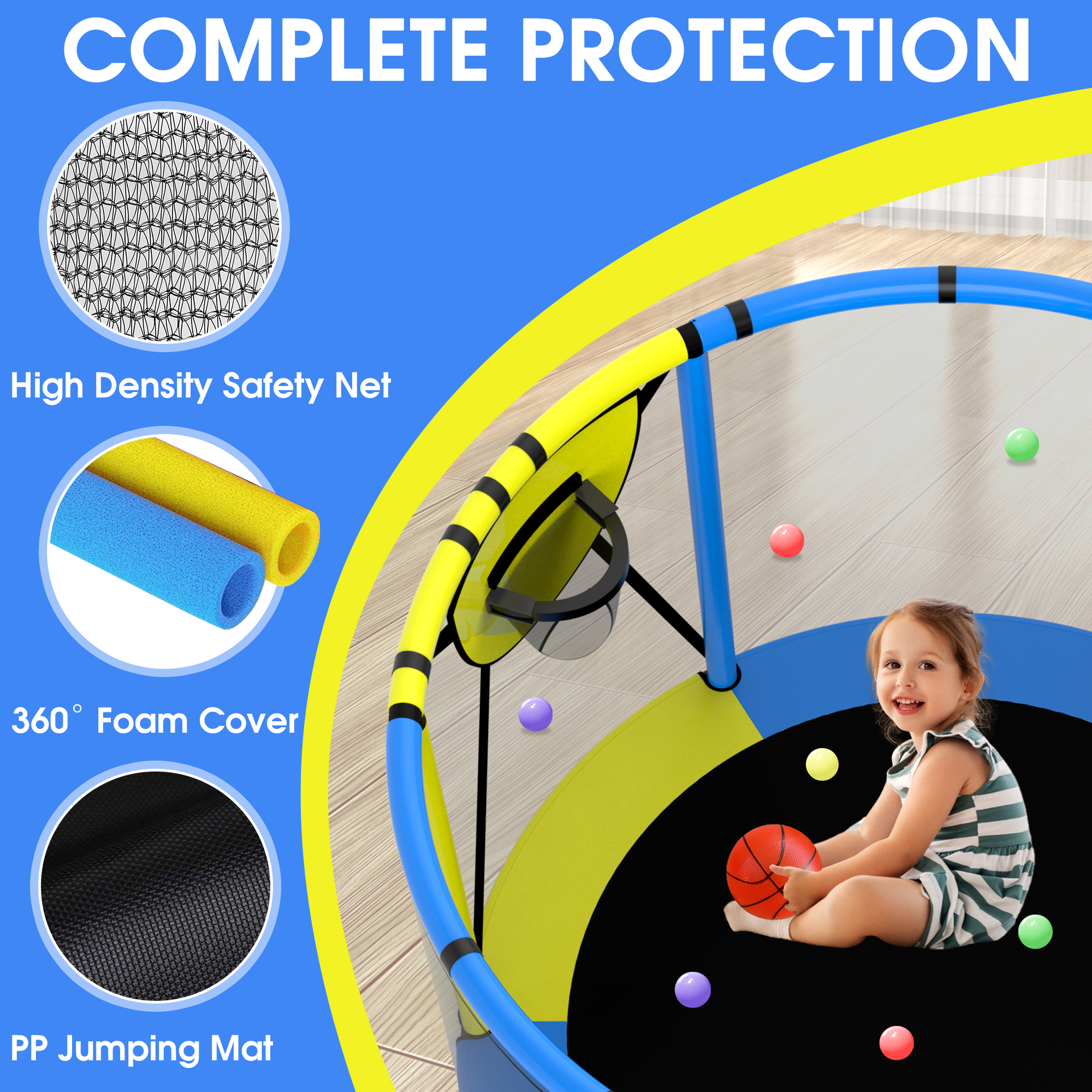 Kumix 60'' Trampoline for Kids, 440LBS Indoor/Outdoor Trampoline with Enclosure, Basketball Hoop, Mini Toddler Trampoline with Swings, Adjustable Bars and Rings, Gifts for Kids, Toddler, Boys & Girls - image 5 of 7