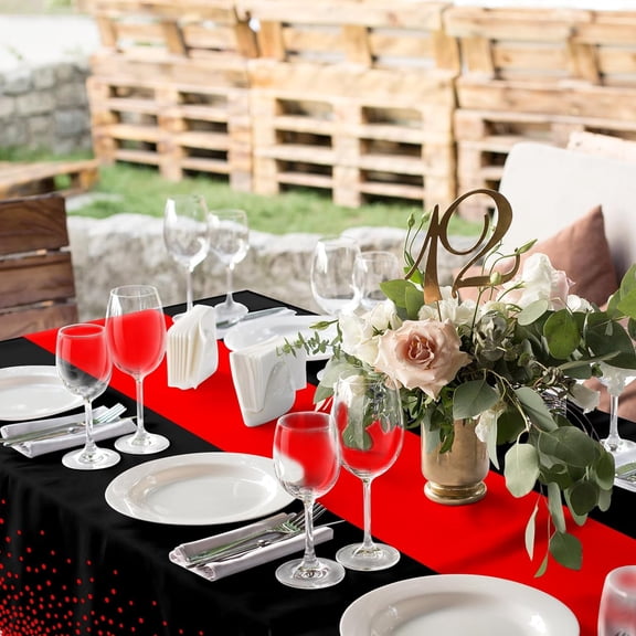 12Pcs Black and Red Tablecloth Party Decorations, Plastic Black Table Cloth Printed Red Table Runner Disposable Rectangle Cover for Birthday Weeding Anniversary Graduation Party,54 x108 Inch