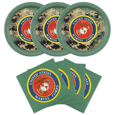 U.S. Marines Party CORNET for 32 Guests! Includes 32 ea. 10” Plates and Luncheon Napkins with Licensed Marines Camo & Coat of Arms. Retirement, Birthday or Official Events. by Havercamp