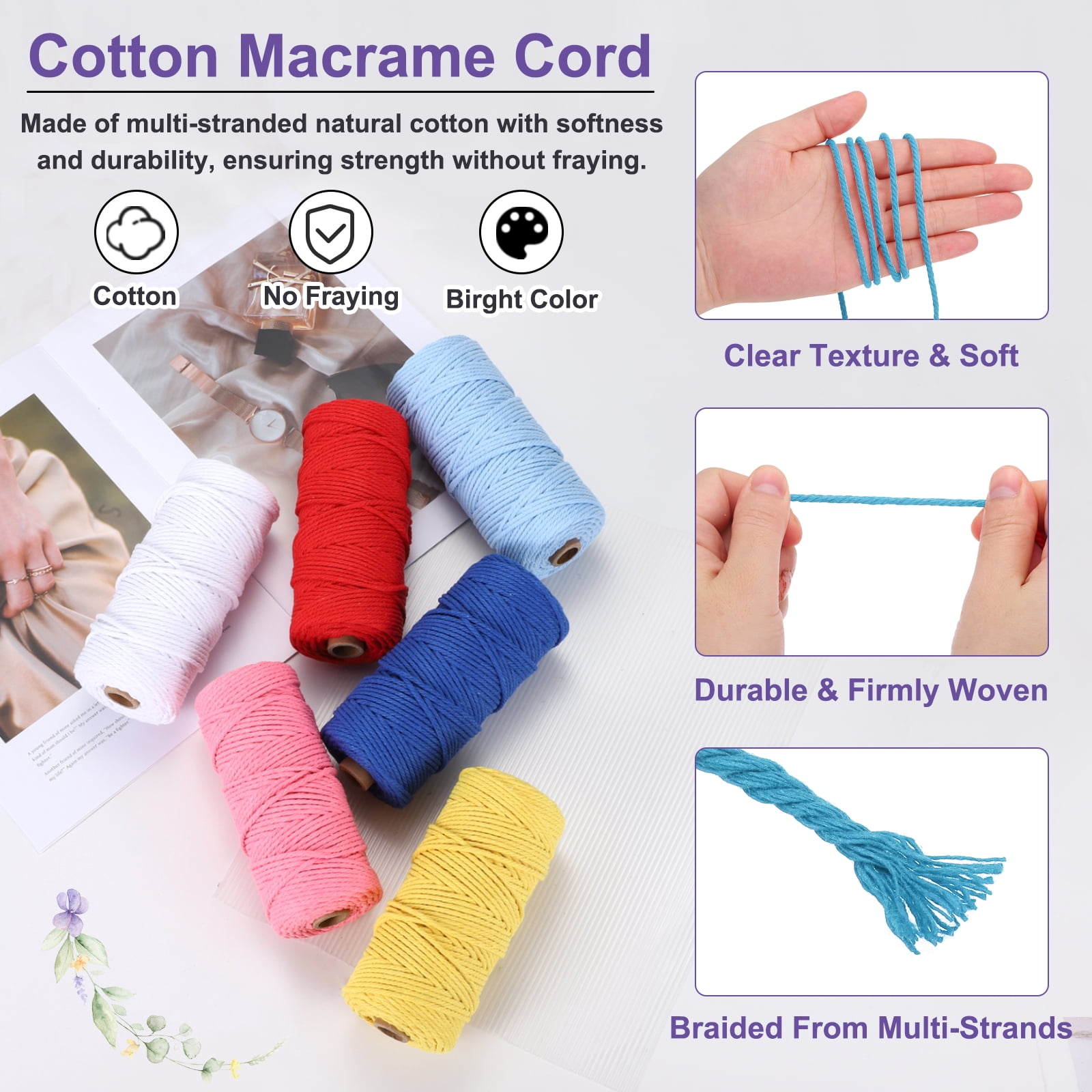 Braided Macrame Cord, 3mm x 109 Yards Natural Cotton Rope Macrame Yarn Bohemia Craft String with Scissors(Lake Blue)