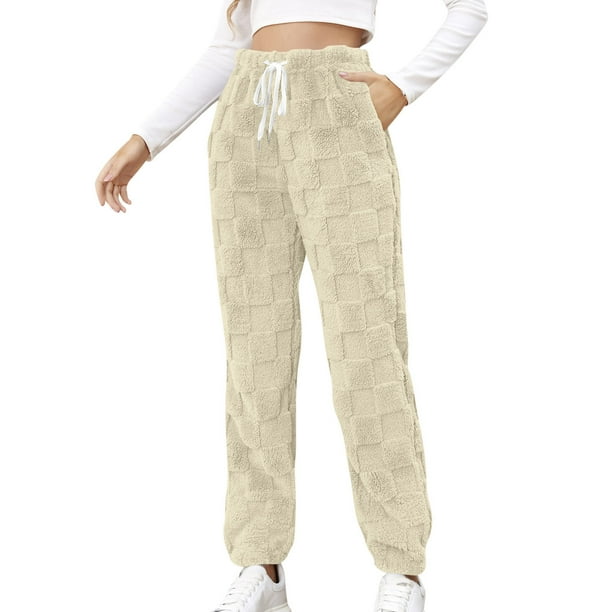 Gibobby Pantalones para mujer para el frío Pantalones de chándal de forro polar peludo para mujer, pantalones de forro polar con cordón grueso y cálido para invierno(Beige,XG)