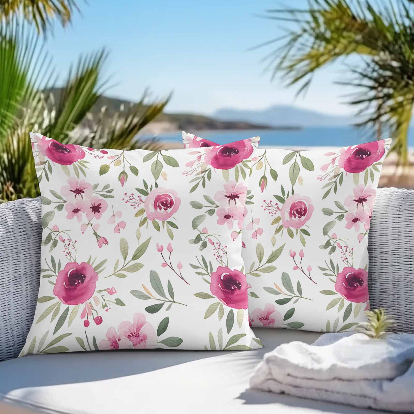 Outdoor Waterproof Throw Pillow Covers Set of 2 Pink Flowers Decorative Pillowcases Square Outdoor Pillows Cushion Case 18x18 Inch Floral Leaves Plant Patio Pillows for Couch Sofa Bed Garden