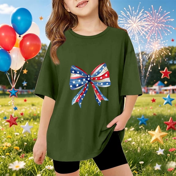 CCRFTGI 250 Anniversary USA Flag Shirts for Children Girls Size 10-12 Short Sleeve Happy Bow USA Flag Summer Casual T-Shirts 1776 Festival Teen Girl Clothes Tops Army Green 2-3 Years