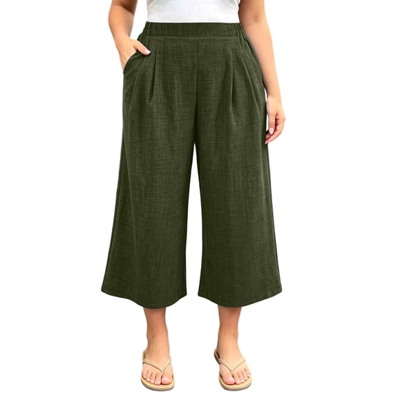 Maplenight Womens Cropped Wide Leg Pants Elastic High Waist Casual Work Pants Business Office Summer Pants with Pockets