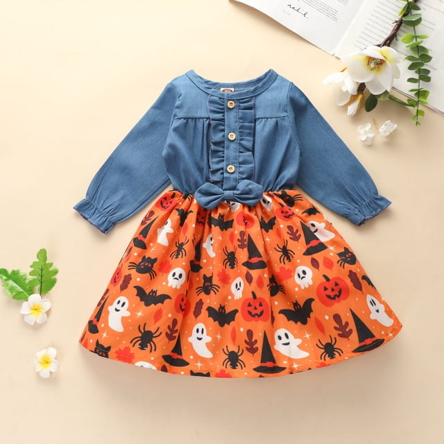 Robe en Denim à Coutures pour Filles, Décontractée, Col Rond, à Simple Boutonnage, Manches Longues, Robe de Fête d'Halloween