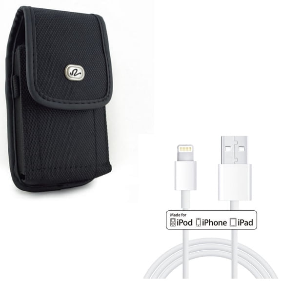 MFi USB Cable w Case Belt Clip for iPhone XR - 3ft Certified Charger Cord Power Wire, Rugged Holster Canvas Cover Pouch Compatible With iPhone XR