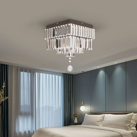 

Loyalheartdy 12 Modern Four Layer K9 Crystal Chandelier Flush Mount Ceiling Light 4 Lights Square LED Pendant Lamp Fixture Silver