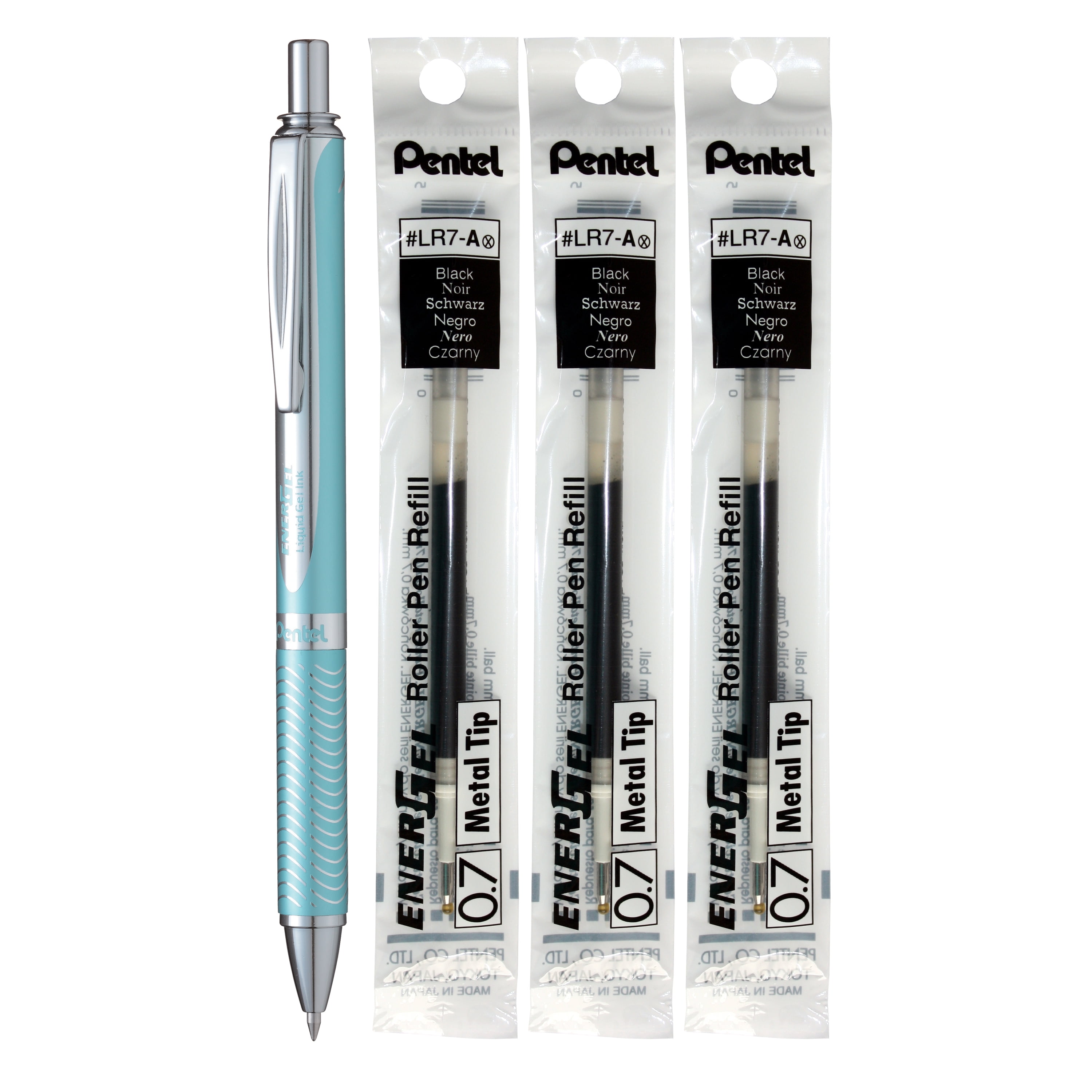 Stylo EnerGel Alloy à barillet aqua 0,7 mm avec 3 recharges d’encre noire