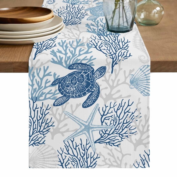 Navy Blue Grey Coastal Table Runner, Sea Turtle Nautical Coral Summer Beach Cotton Linen Table Runners 72 Inches Long, Dresser Scarf Runner for Dining/Coffee/Kitchen/TV Stands/Cabinets 13''x72''