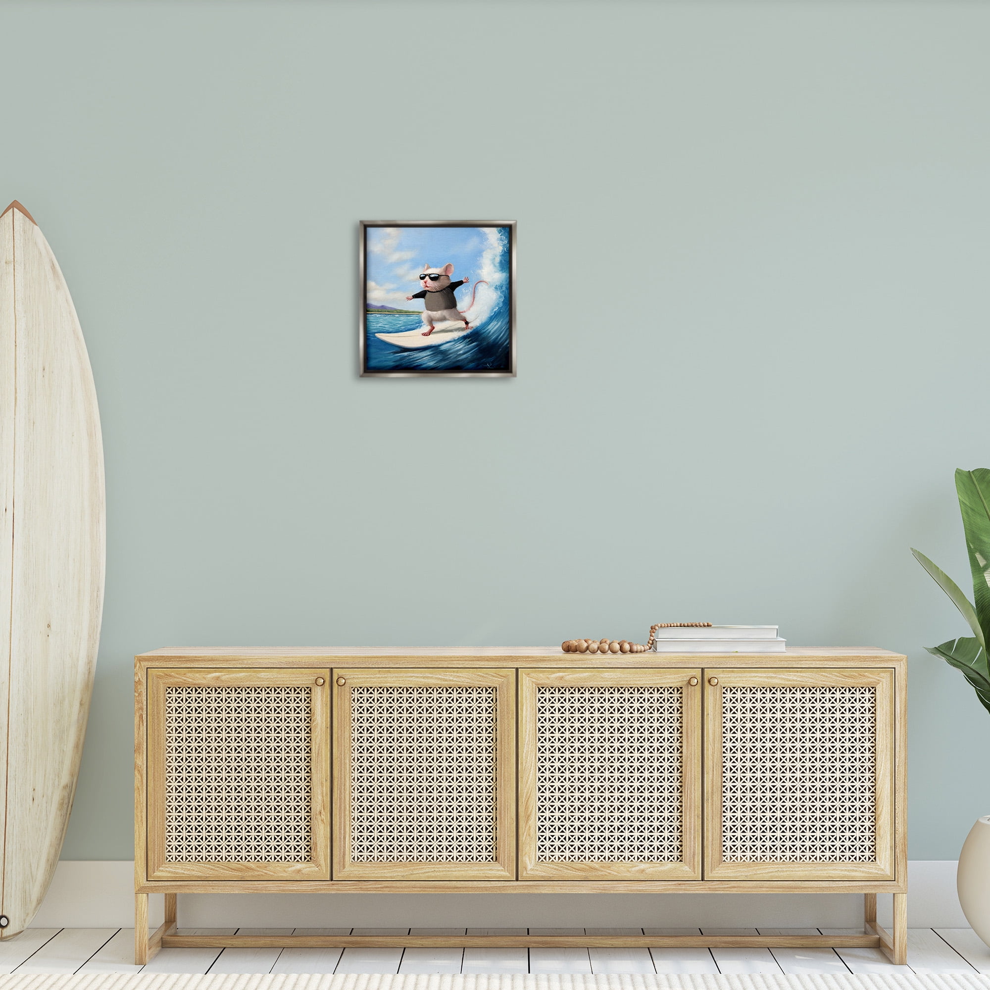 Stupell Industries Cool Surfer Mouse Blue Ocean Waves Animals & Insects Painting Gray Floater Framed Canvas Art Print Wall Art, 18 x 18