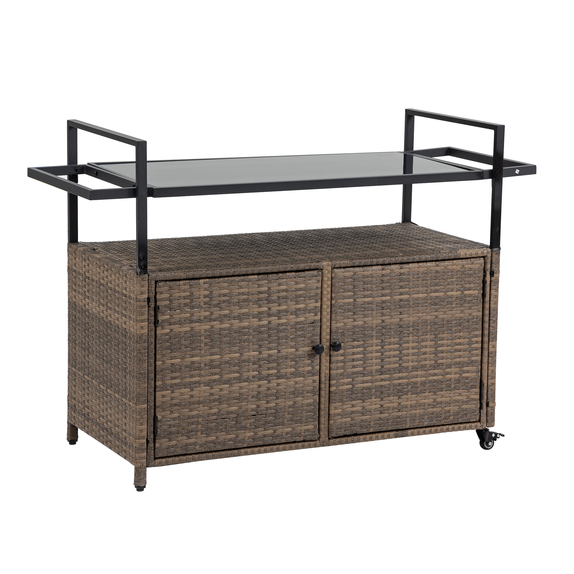 Euroco Outdoor Bar Serving Cart with Glass Top, 2-Tier Storage, Durable Metal Frame, 360° Lockable Wheels, Patio Beverage & Utility Trolley