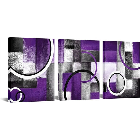 Purple and Grey Abstract Geometric Circle Canvas Wall Art Rustic Purple Prints Wall Decor Picture Artwork for Living Room Bedroom Wall Decoration Ready to Hang (Purple)
