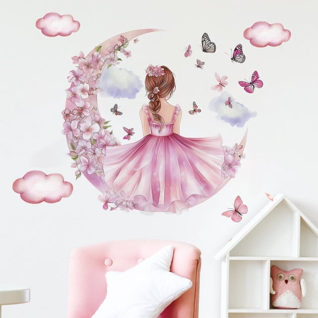 Adhesivos de pared con diseño de Moon Girl, hermosa mariposa rosa