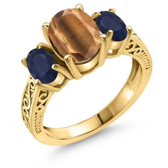 Gem Stone King 18K Yellow Gold Plated Silver Oval Brown Tiger Eye and Blue Sapphire Ring for Women (2.61 Cttw, Gemstone Birthstone, Size 5)