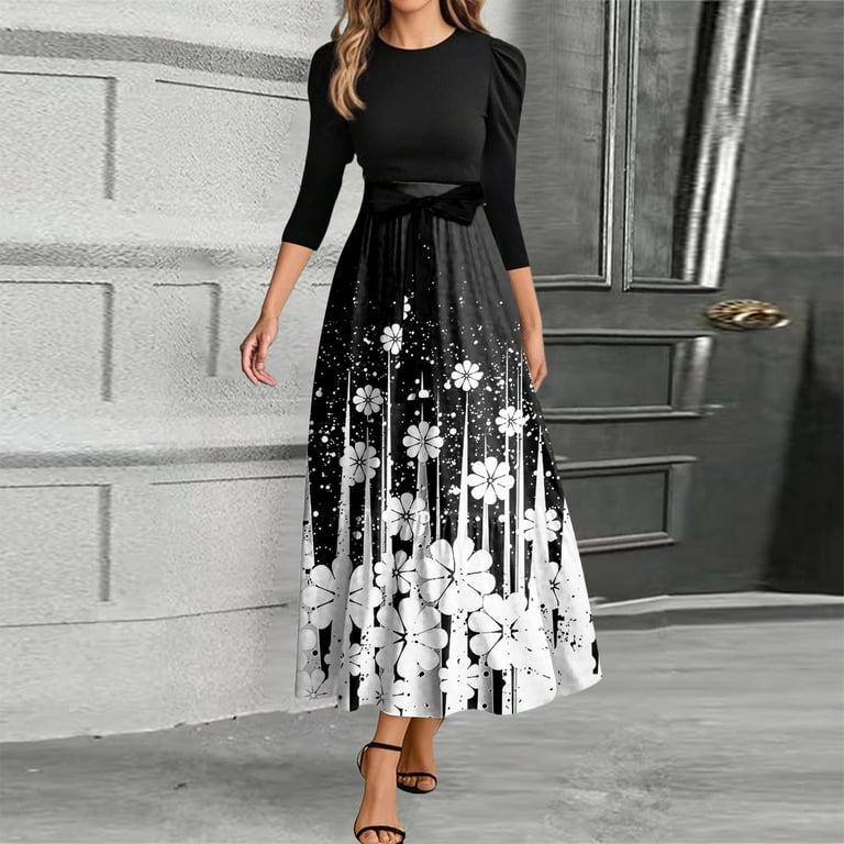 Uocefik Long Floral Dresses for Women 2025 Elegant Boho Tie Belted Patchwork Empire Waist 3/4 Sleeve Modest Flowy Maxi Dress, Black XL