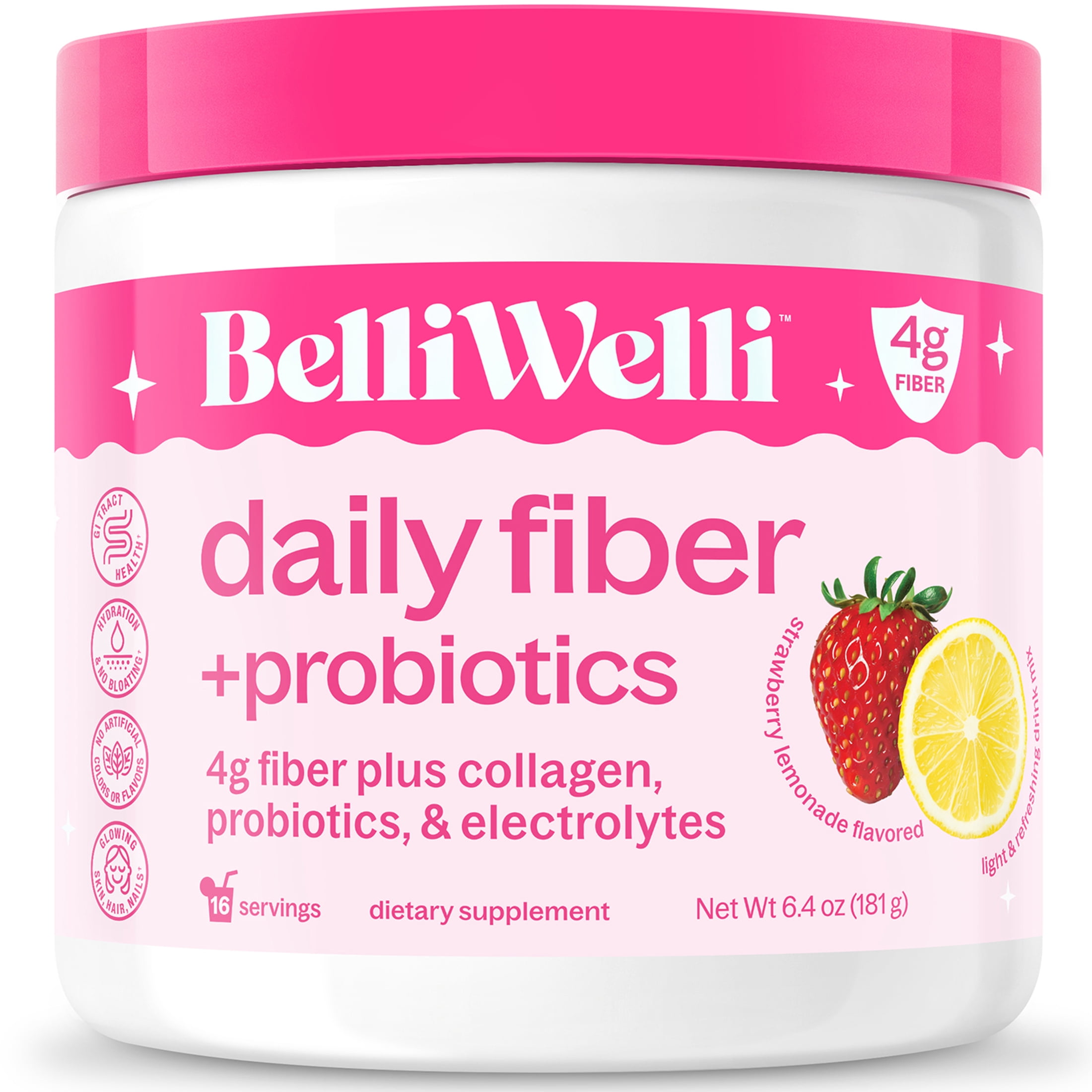 (3 pack) BelliWelli 4-in-1 Daily Fiber Supplement, Probiotics, Collagen & Electrolytes, Strawberry Lemonade