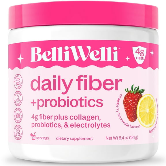 BelliWelli Daily Fiber Supplement with Probiotics, Electrolytes, and Collagen - Strawberry Lemonade, 6.4 oz