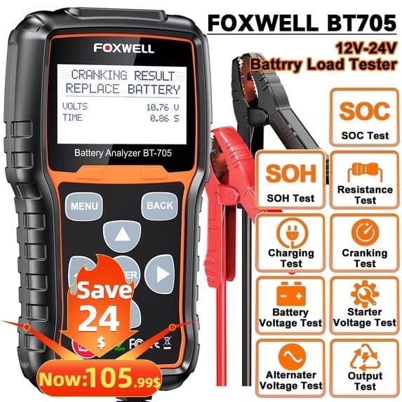 FOXWELL BT705 12/24V Truck Car Battery Tester, Automotive 100-2000CCA Battery Load Charging System Analyzer Tool