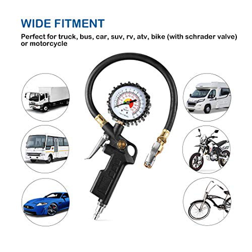 Accurate Mechanical Dually Chuck Wheel Gage Tester with Magnifying Bubble Lens for Car RV Van ATV Motorcycle Bike Straight on Foot Dual Head Truck Air Gage 10-120PSI CZC AUTO Tire Pressure Gauge 