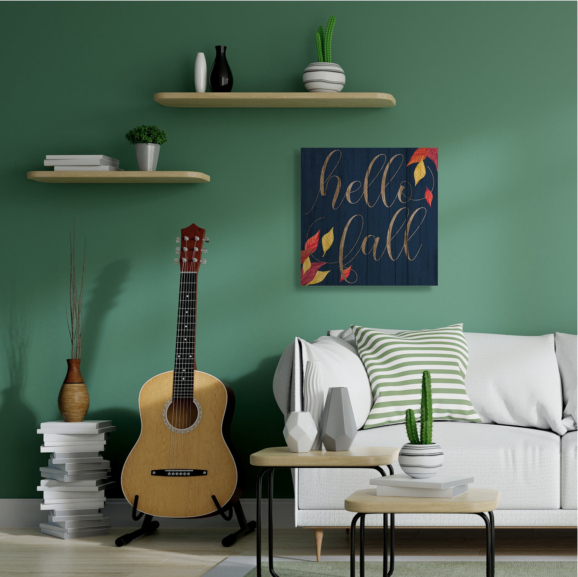 Stupell Industries Hello Fall Script Autumn Foliage Border Typography Painting Gallery Wrapped Canvas Art Print Wall Art, 30 x 30