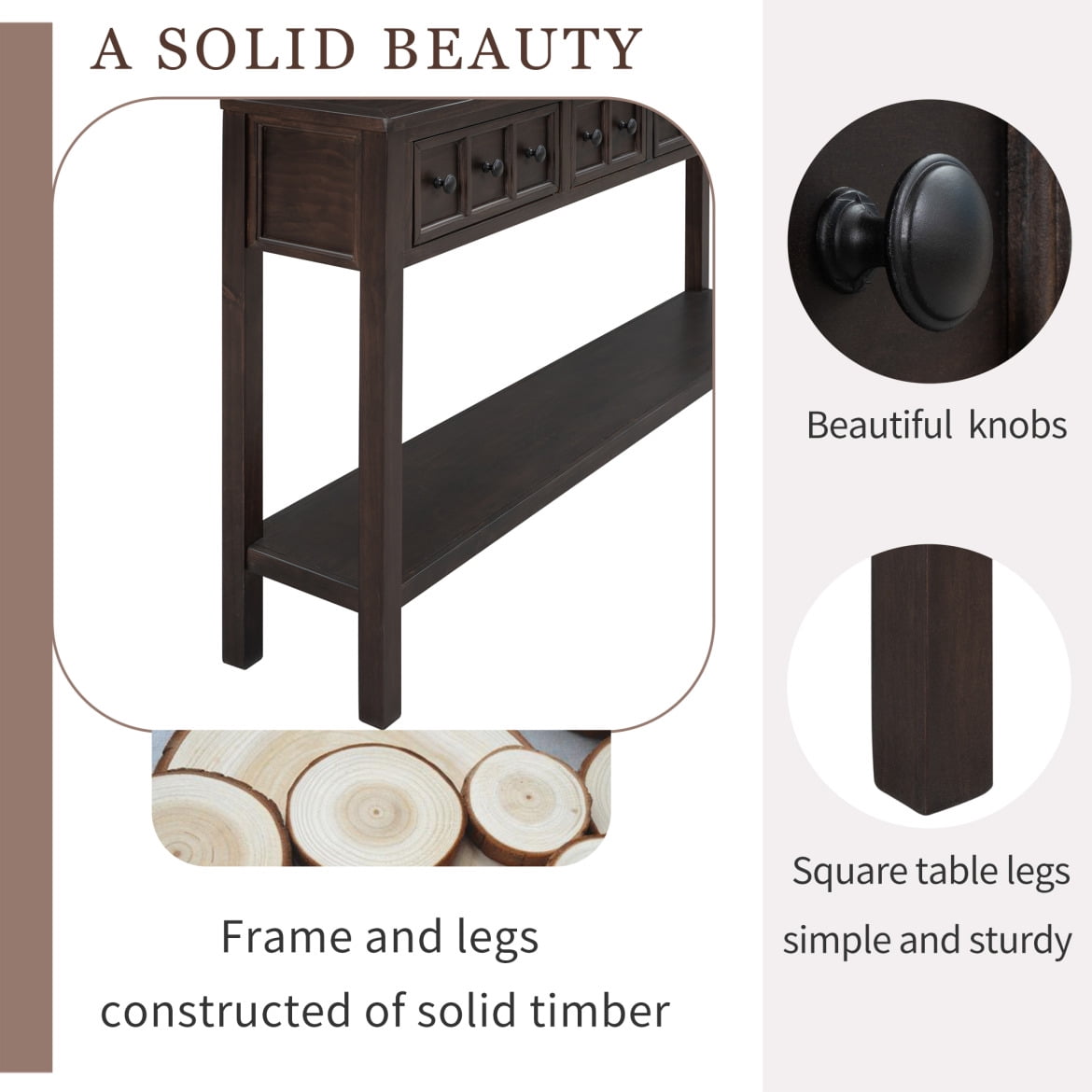 Console Table, Console Tables for Entryway with 4 Drawers and Open Storage Shelf, 60" Long Sofa Table in Solid Wood, Narrow Console Table for Living Room, Couch, Hallway, Kitchen Counter, Espresso