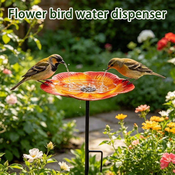 Bird Bath for Outside, Metal Flower Garden Stake Bird Bath, Outdoor Bird Bath, Watering Station for Garden, Brown Flower Designed 24X10X25 Inch Outdoor Stake Style Tray That Holds