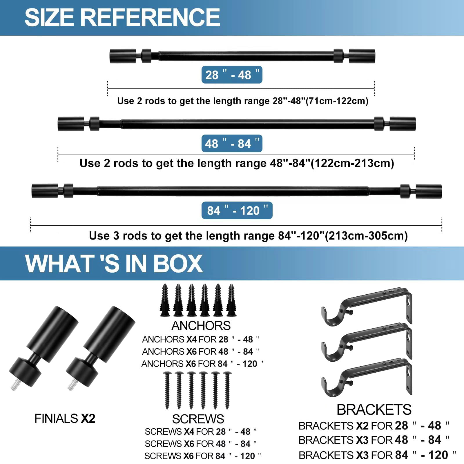 Urbanest 1" Sullivan Adjustable Curtain Rod, 84"-120", Black