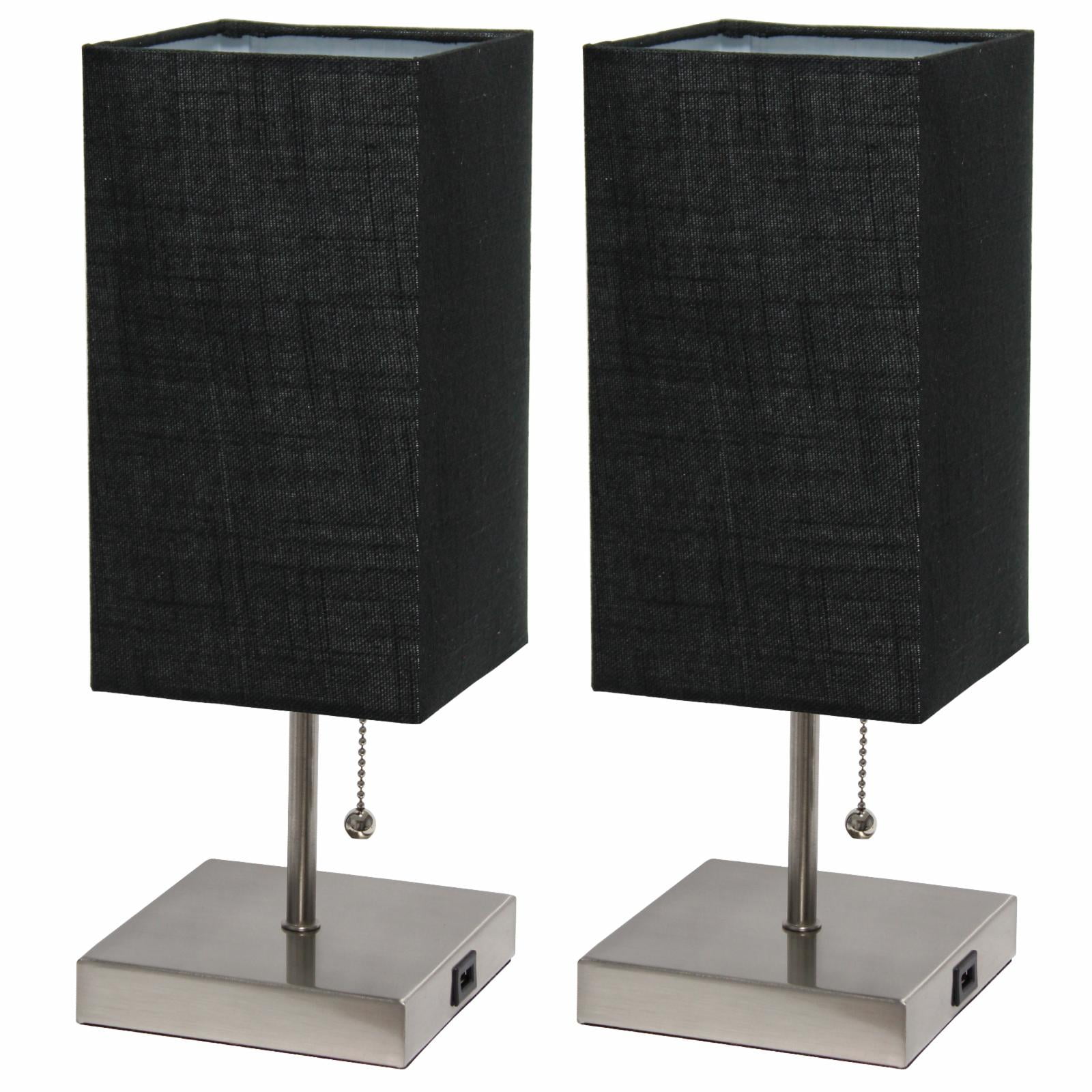Simple Designs Petite White Stick Lamp with USB Charging Port and Fabric Shade 2 Pack Set, Gray