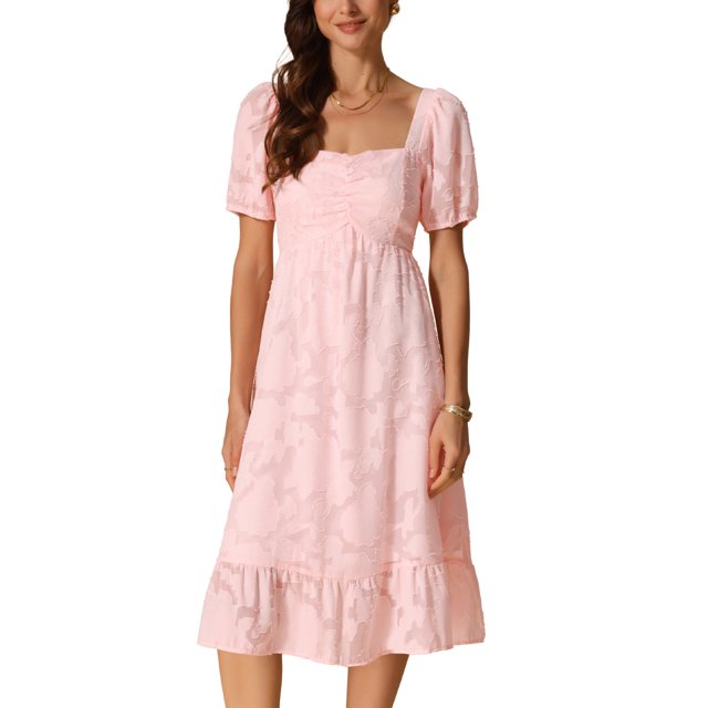 INSPIRAR CHIC Vestido Midi Babydoll de Verano para Mujeres con Cuello Cuadrado, Mangas Cortas Abullonadas, Cintura Alta y Corte Flowy en Color Rosa