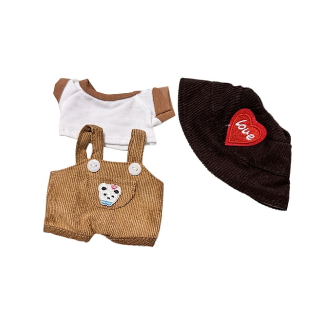 Ropa para muñecas de 15cm-17cm, camiseta de muñeco de peluche, sombrero con patrón de corazón rojo, accesorios para muñecos de peluche, ropa bonita ropa marron
