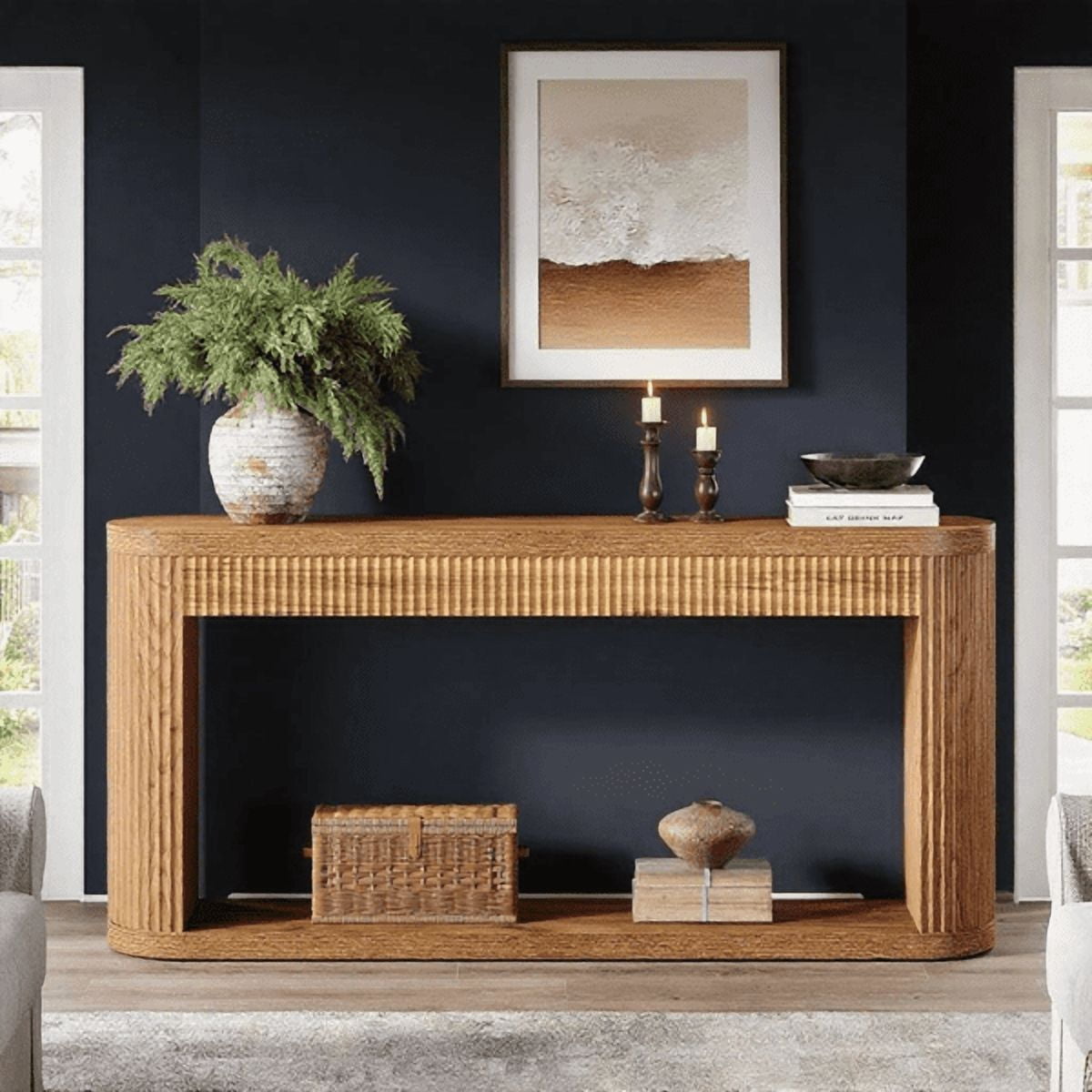 63" Industrial Console Table - Fluted Design with Semi-Cylinder Support, Narrow Entryway Table, MDF with Adjustable Pads for Hallway Sofa, Brown